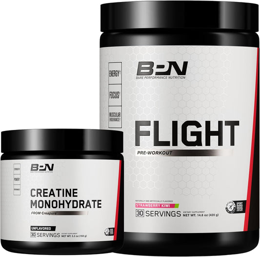 Bundle: BARE PERFORMANCE NUTRITION BPN Creatine Monohydrate & Flight Pre Workout (Strawberry Kiwi)