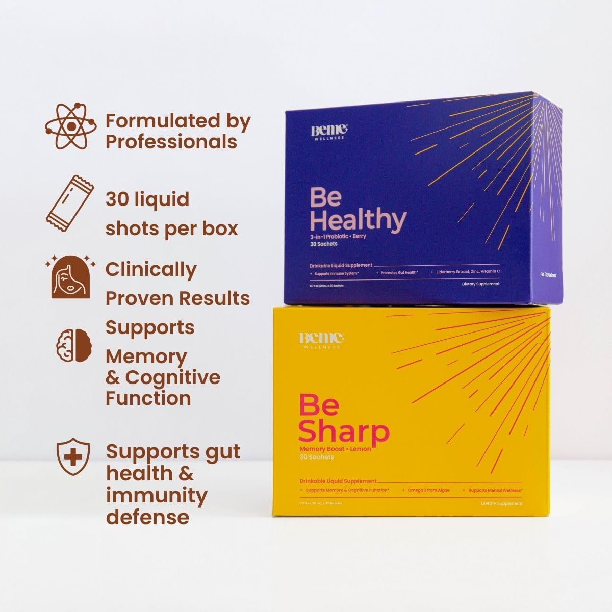 Bundle: BeMe BeHealthy Liquid Probiotics & BeSharp Omega-3 Liquid Supplements - Improve Gut Health and Cognitive Function