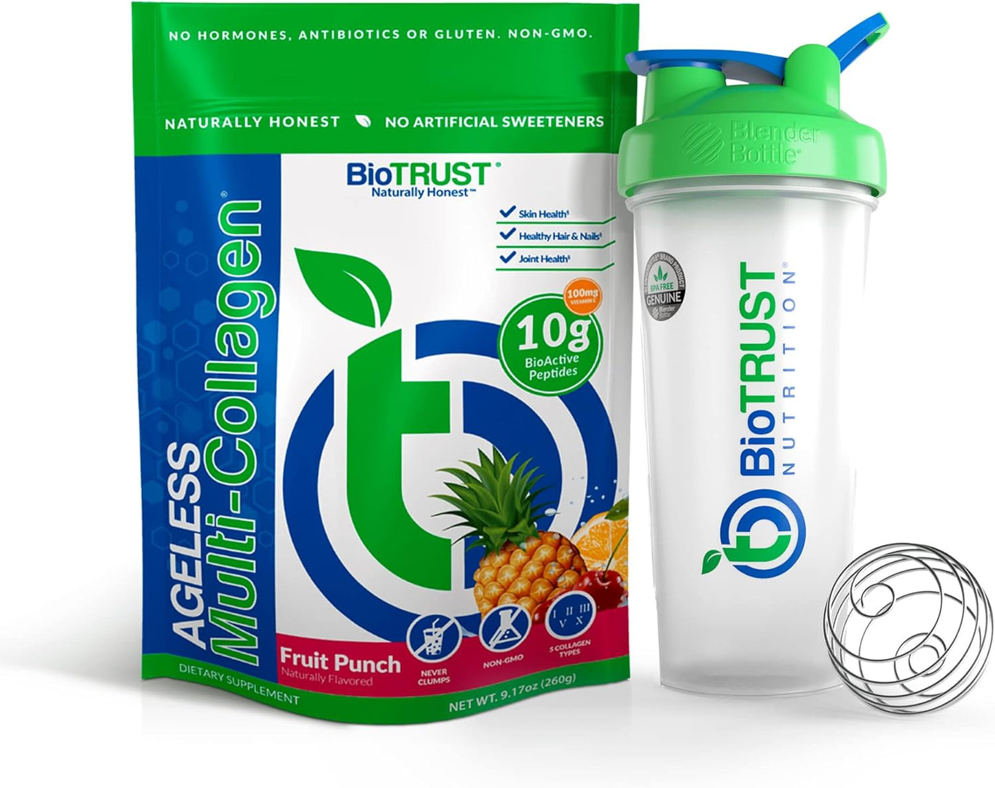 Bundle: BioTrust Ageless Multi Collagen Protein Powder with Fruit Punch Flavor in BlenderBottle