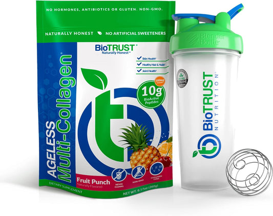 Bundle: BioTrust Ageless Multi Collagen Protein Powder with Fruit Punch Flavor in BlenderBottle