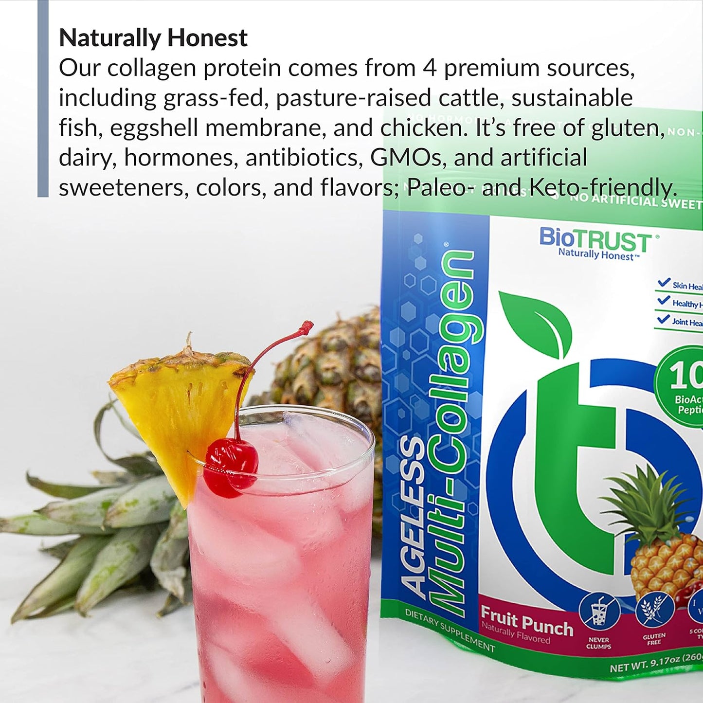 Bundle: BioTrust Ageless Multi Collagen Protein Powder with Fruit Punch Flavor in BlenderBottle