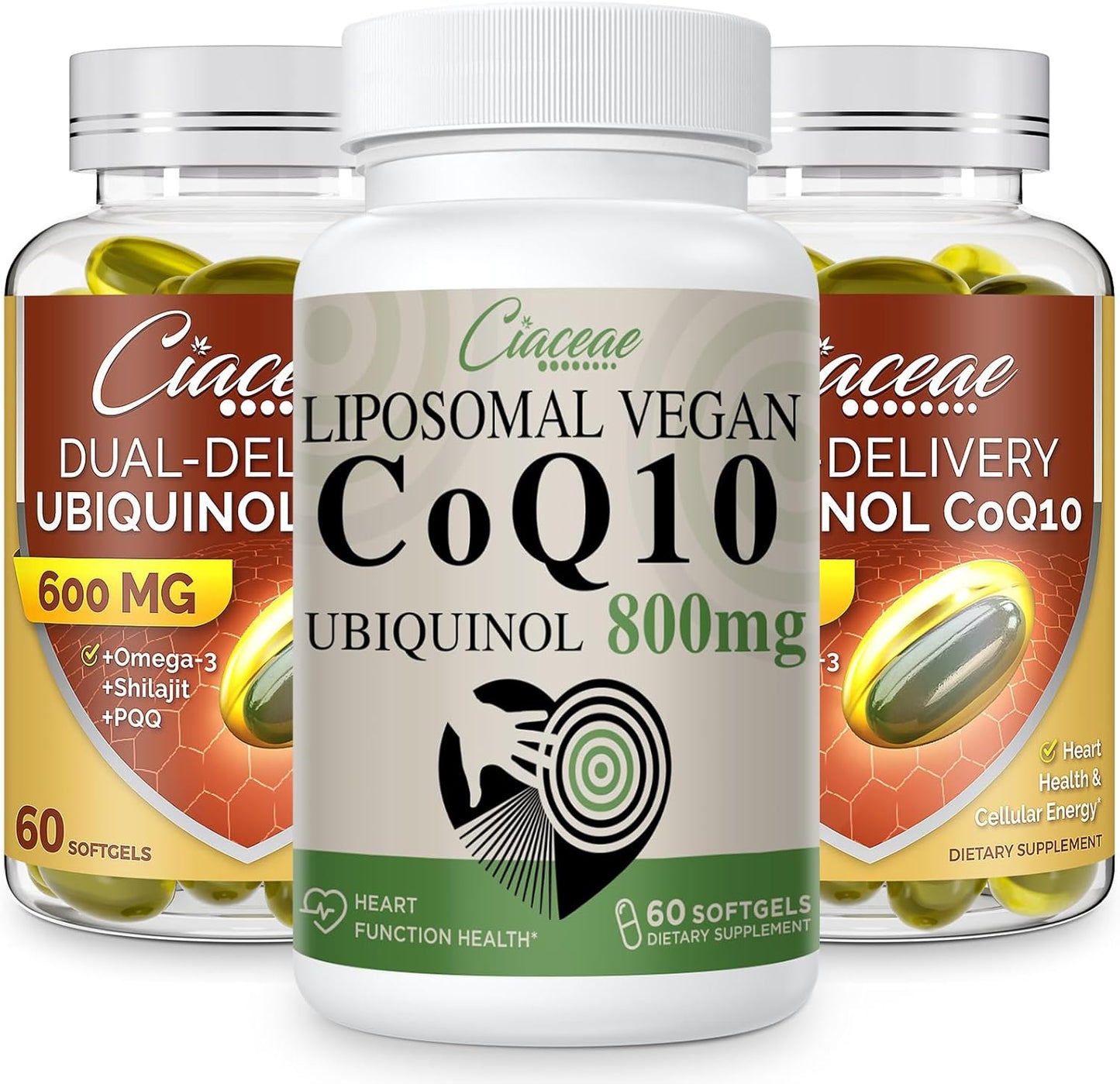 Bundle: Ciaceae Liposomal CoQ10 800mg + Ubiquinol CoQ10 600mg Softgels with Omega-3, Shilajit & PQQ - 3PCS