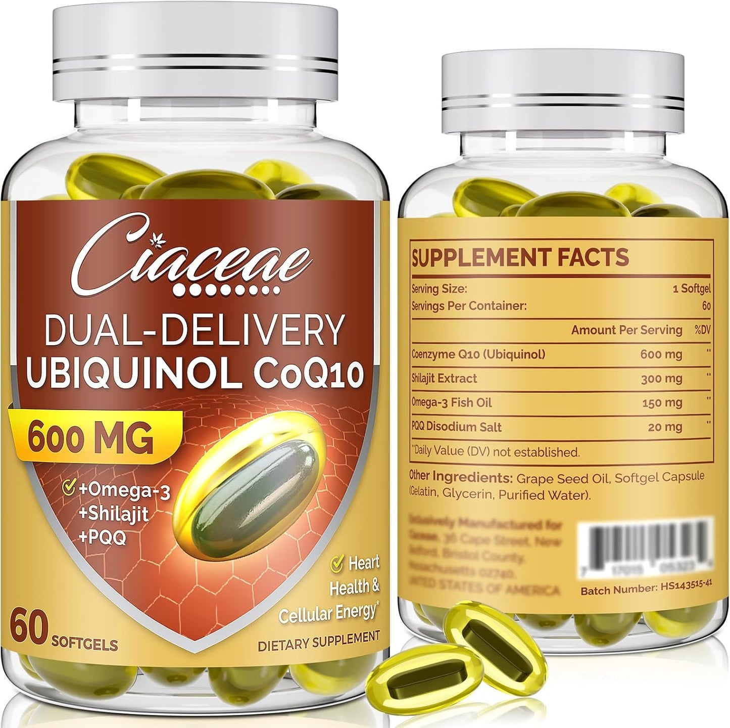 Bundle: Ciaceae Liposomal CoQ10 800mg + Ubiquinol CoQ10 600mg Softgels with Omega-3, Shilajit, & PQQ - 2PCS