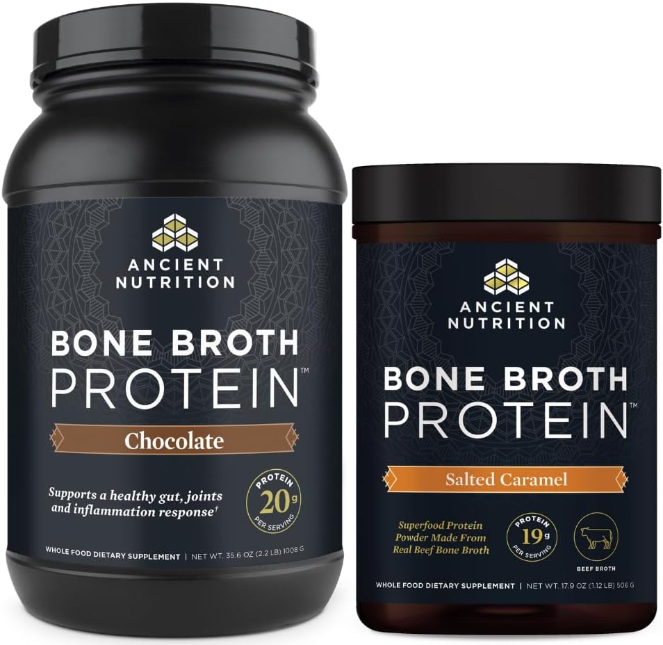 Bundle Deal: Ancient Nutrition Bone Broth Protein Powder in Chocolate (40 Servings) + Beef Bone Broth Protein Powder in Salted Caramel (20 Servings)
