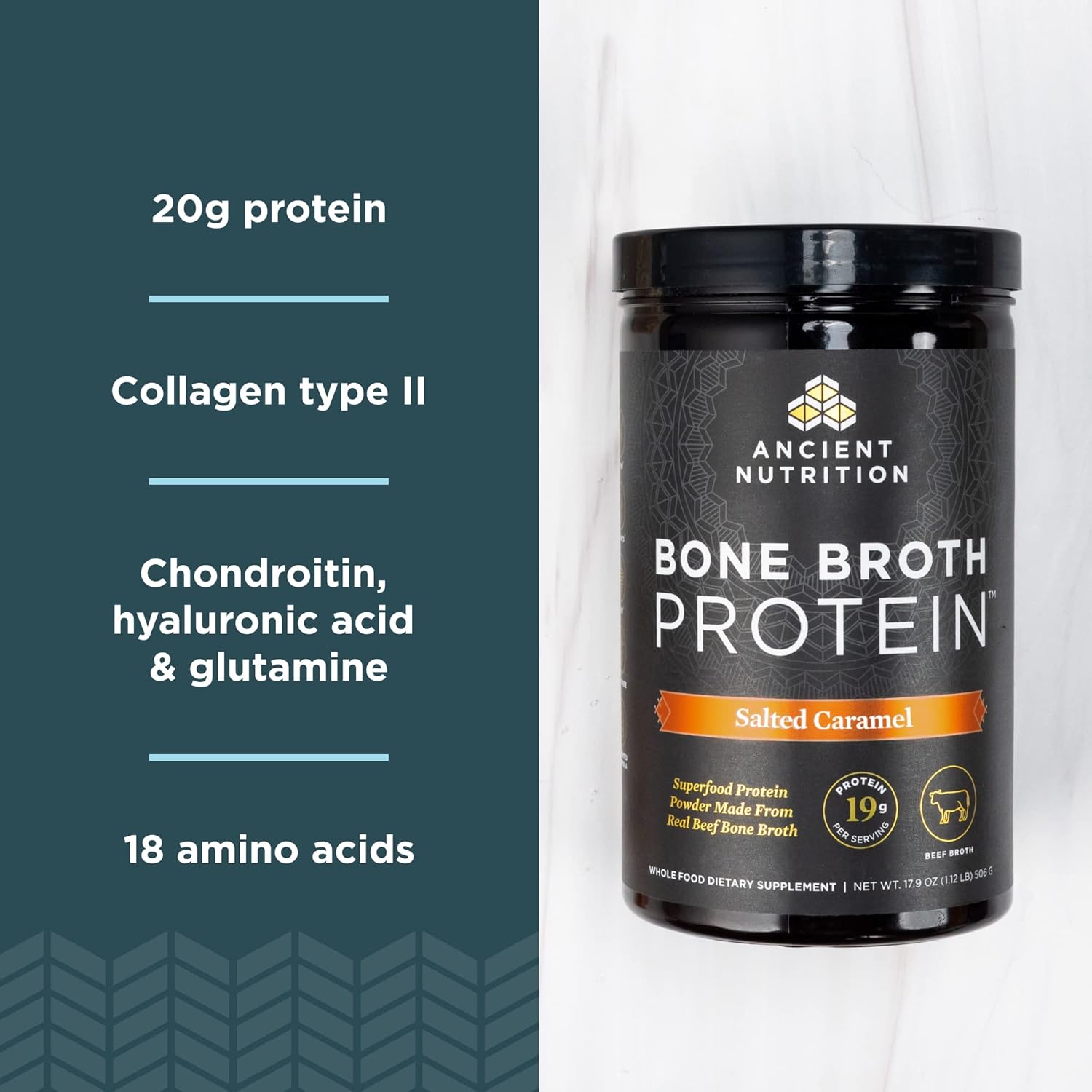 Bundle Deal: Ancient Nutrition Bone Broth Protein Powder in Chocolate (40 Servings) + Beef Bone Broth Protein Powder in Salted Caramel (20 Servings)