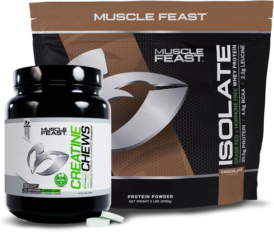 Bundle Deal: Muscle Feast Whey Isolate Chocolate Protein + Creatine Candy Lemon Lime (5lb + 360) | Premium Vegetarian Supplements