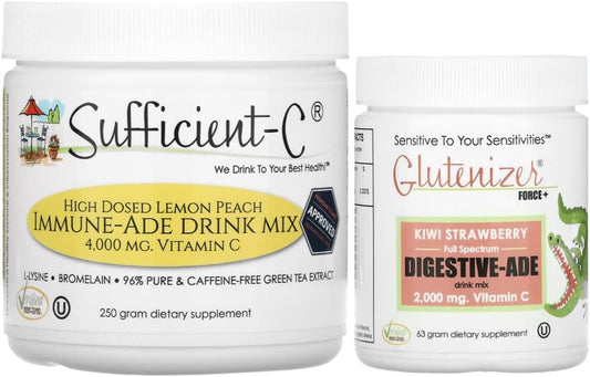 Bundle Deal: Sufficient-C 250g Lemon Peach Immune-ade + Glutenizer Force Plus Kiwi Strawberry Digestive-ade Mix - Save on Two-Pack