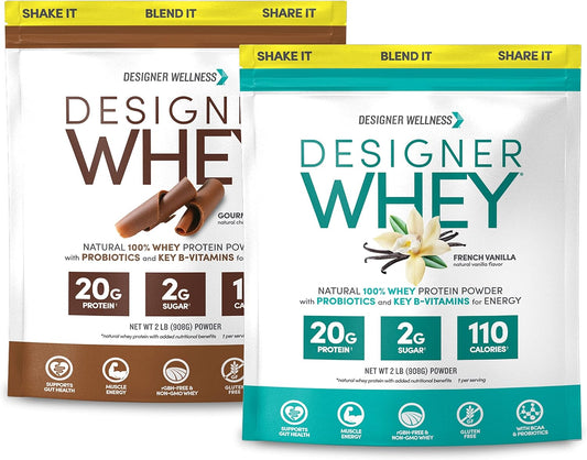 Bundle: Designer Wellness 2lb French Vanilla & Gourmet Chocolate Whey Protein - High Quality Ingredients for Health & Fitness