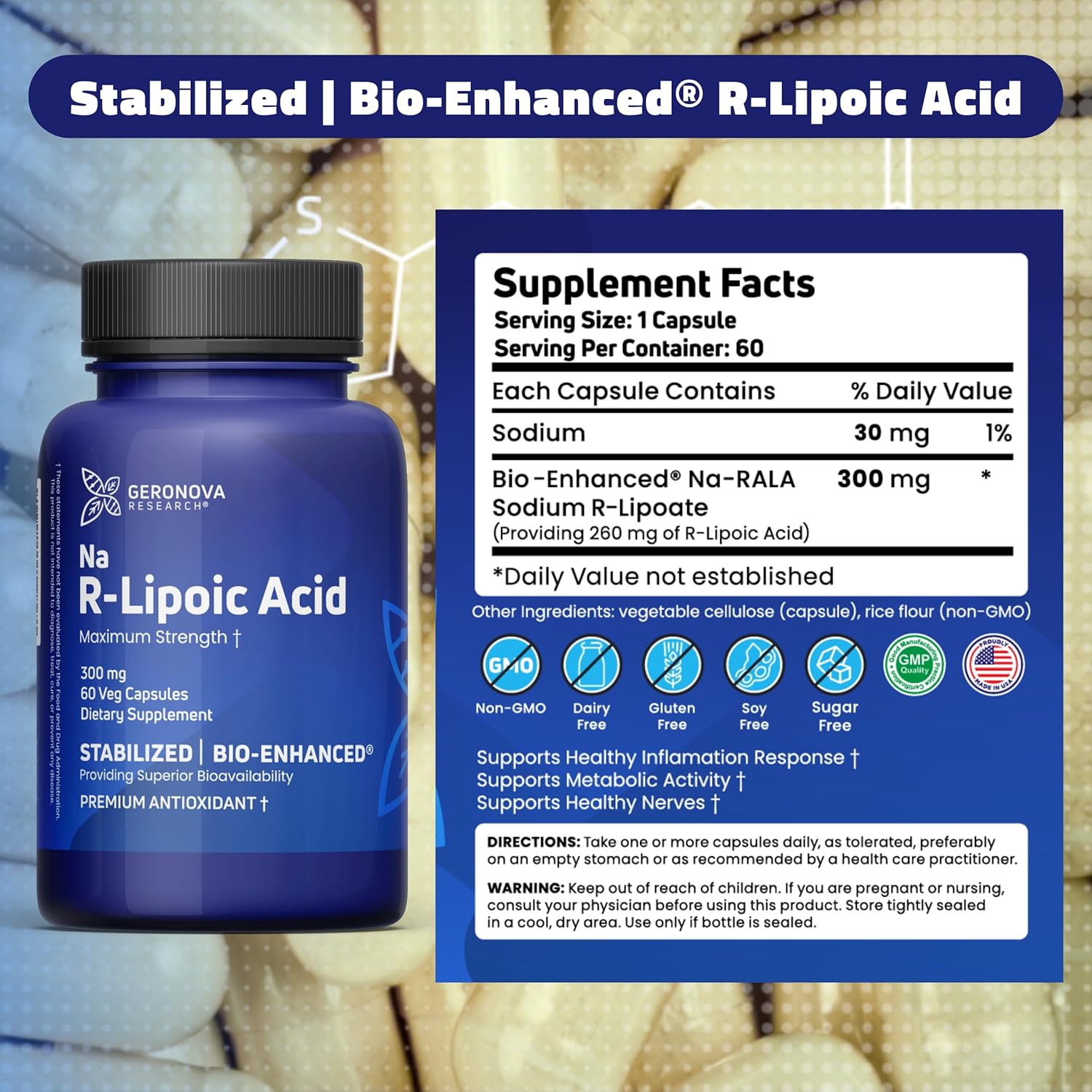 Bundle: Geronova Research R-Lipoic Acid 300mg Capsules with The Alpha Lipoic Solution