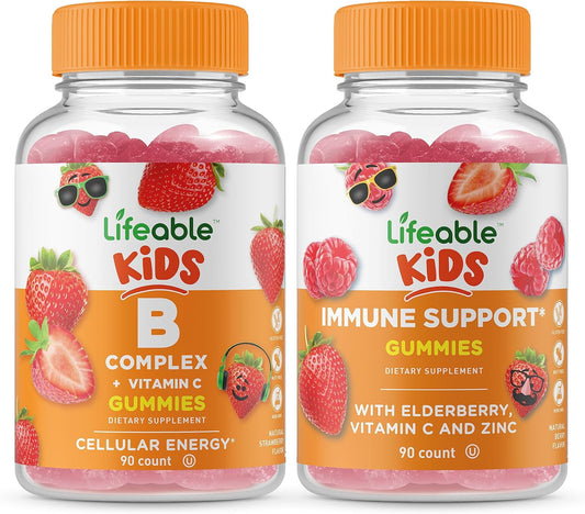 Bundle: Lifeable B Complex Kids + Immune Support Gummies - Tasty Vitamin Supplement for Kids, Gluten & GMO Free