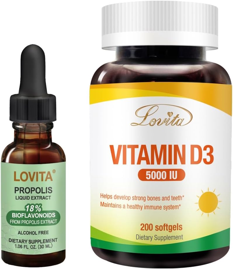 Bundle: Lovita Bee Propolis Liquid Extract & Vitamin D3 Softgel Supplement for Immune Support