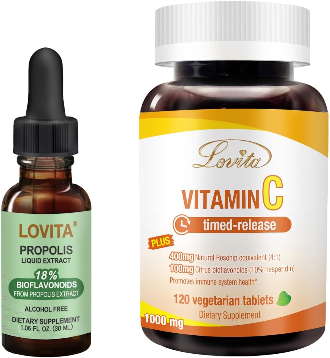 Bundle: Lovita Bee Propolis Liquid Extract & Vitamin C Nutrient Supplements for Immune Support