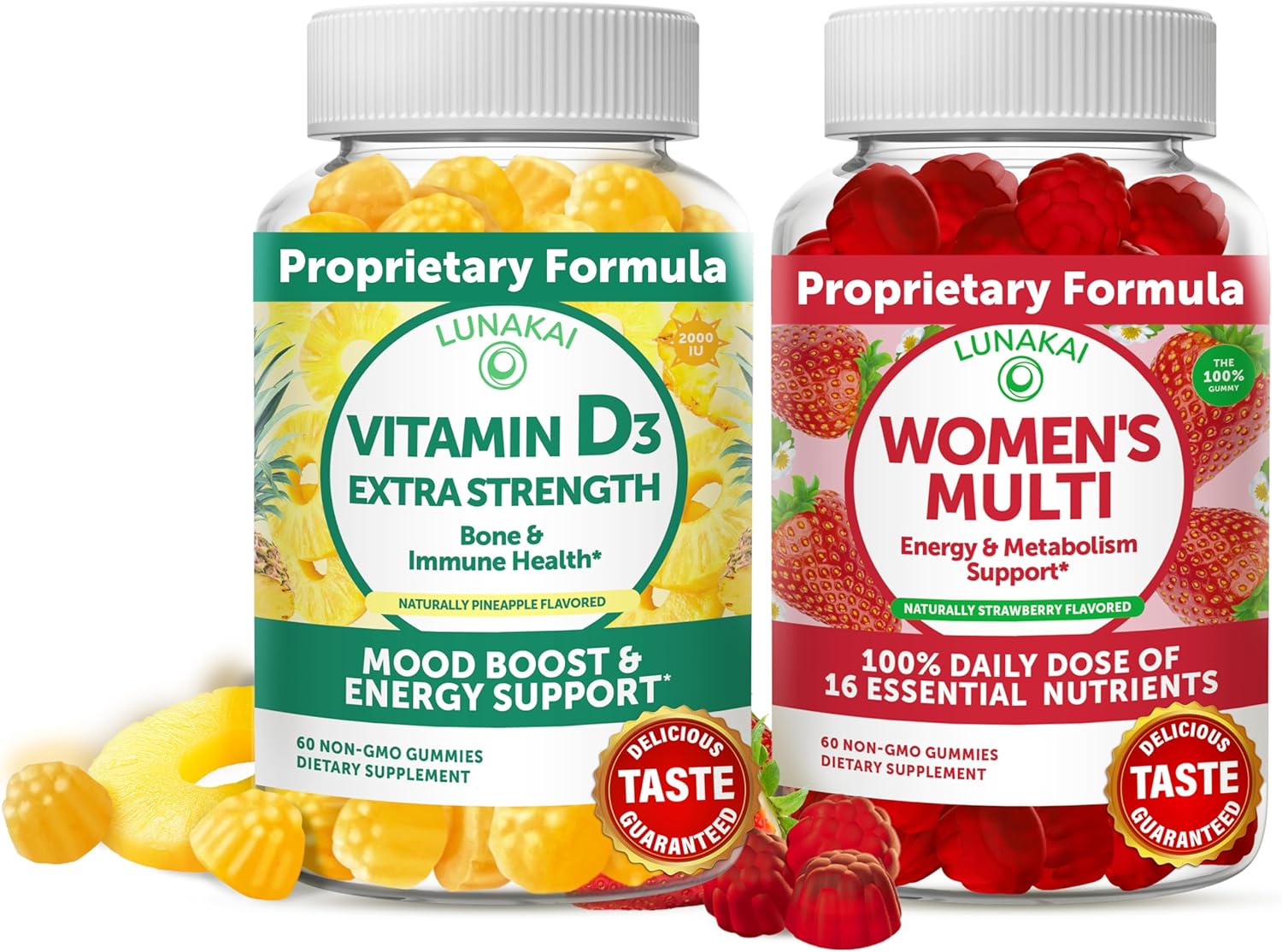 Bundle: Lunakai Vitamin D3 & Women's Multivitamin Gummies - Immune, Bone, Mood Support - 100% DV 16 Essential Vitamins Minerals - 30 Day Supply