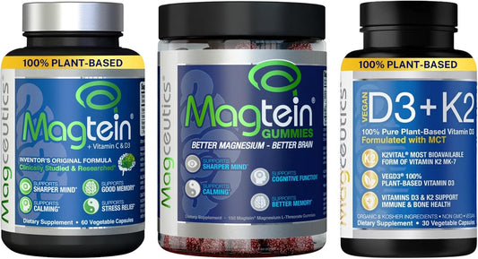 Bundle: Magtein Magnesium L-Threonate Capsules, Magceutics Adult Gummies, Vitamin D3 K2 - 240 Count
