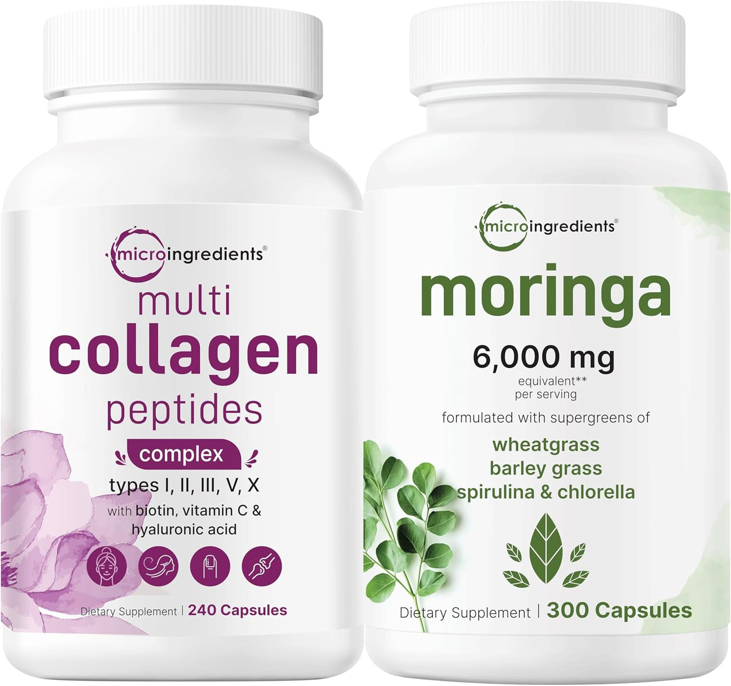 Bundle: Micro Ingredients Multi Collagen Complex 240 Capsules & Moringa Oleifera 6,000mg 300 Capsules - Hydrolyzed Protein Peptides & Antioxidant Supplement Pack
