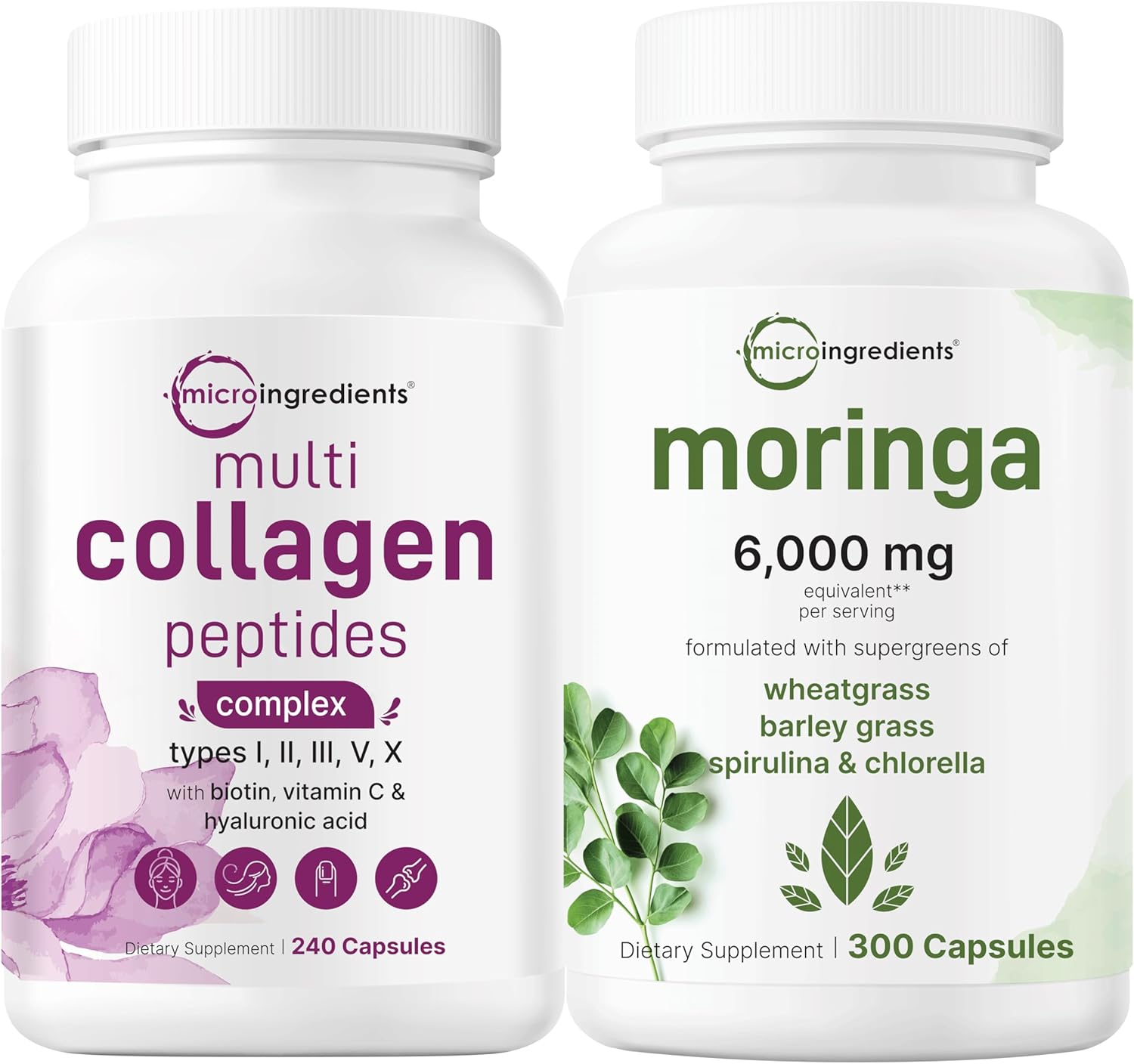 Bundle: Micro Ingredients Multi Collagen Complex 240 Capsules & Moringa Oleifera 6,000mg 300 Capsules - Hydrolyzed Protein Peptides & Antioxidant Supplement Pack