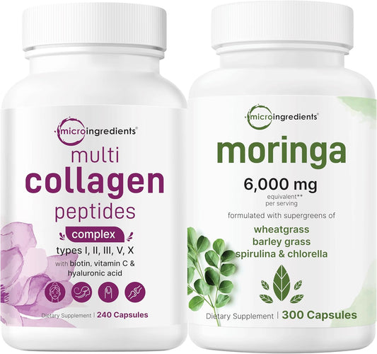 Bundle: Micro Ingredients Multi Collagen Complex 240 Capsules & Moringa Oleifera 6,000mg 300 Capsules - Hydrolyzed Protein Peptides & Antioxidant Supplement Pack