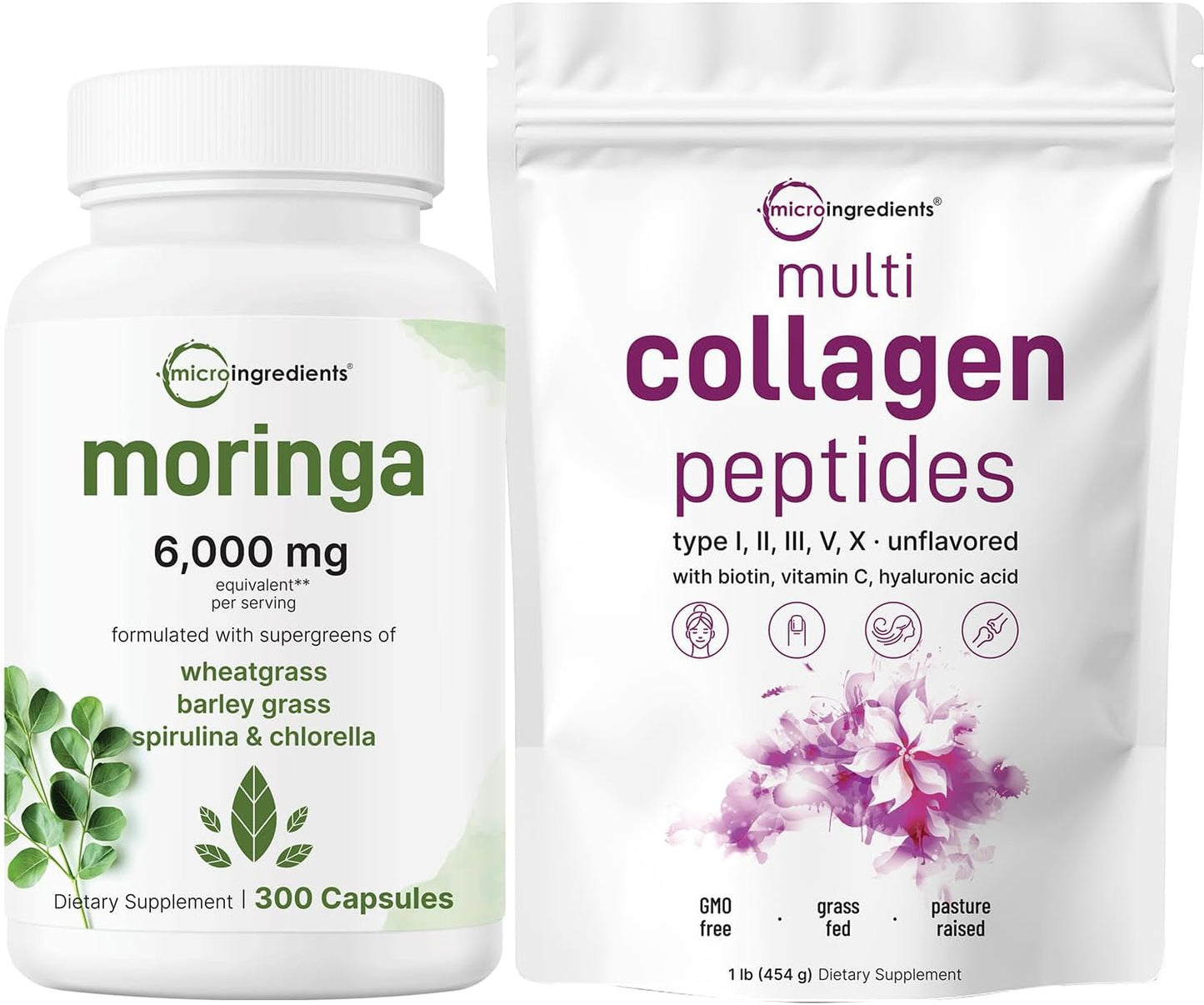 Bundle: Micro Ingredients Multi Collagen Protein Powder 16oz + Moringa Oleifera 6,000mg 300 Capsules | Grass-Fed Collagen Peptides & Antioxidant Supplement Pack
