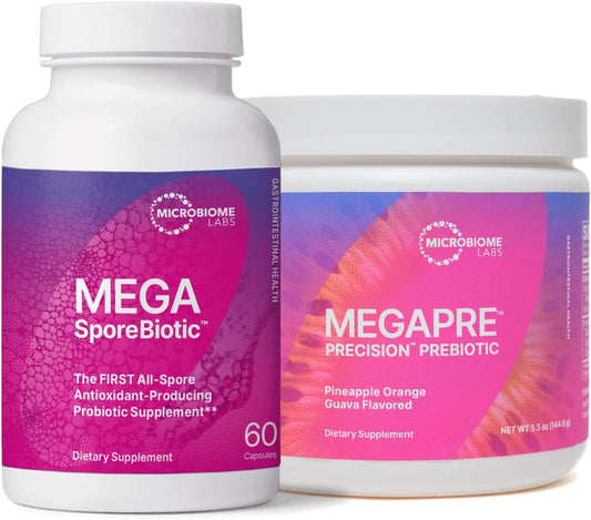 Bundle: Microbiome Labs MegaSporeBiotic (60 Capsules) + MegaPre (5.5 oz Powder) - Spore-Based Probiotic & Prebiotic Fiber