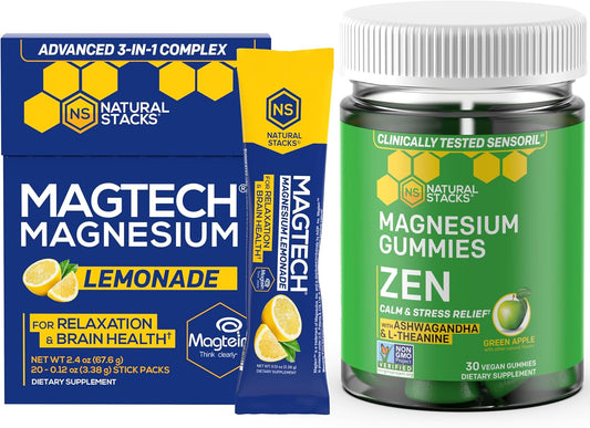 Bundle: NATURAL STACKS Magtech Magnesium Drink Mix & Zen Magnesium Gummies - Brain Health & Stress Relief - 35 Servings
