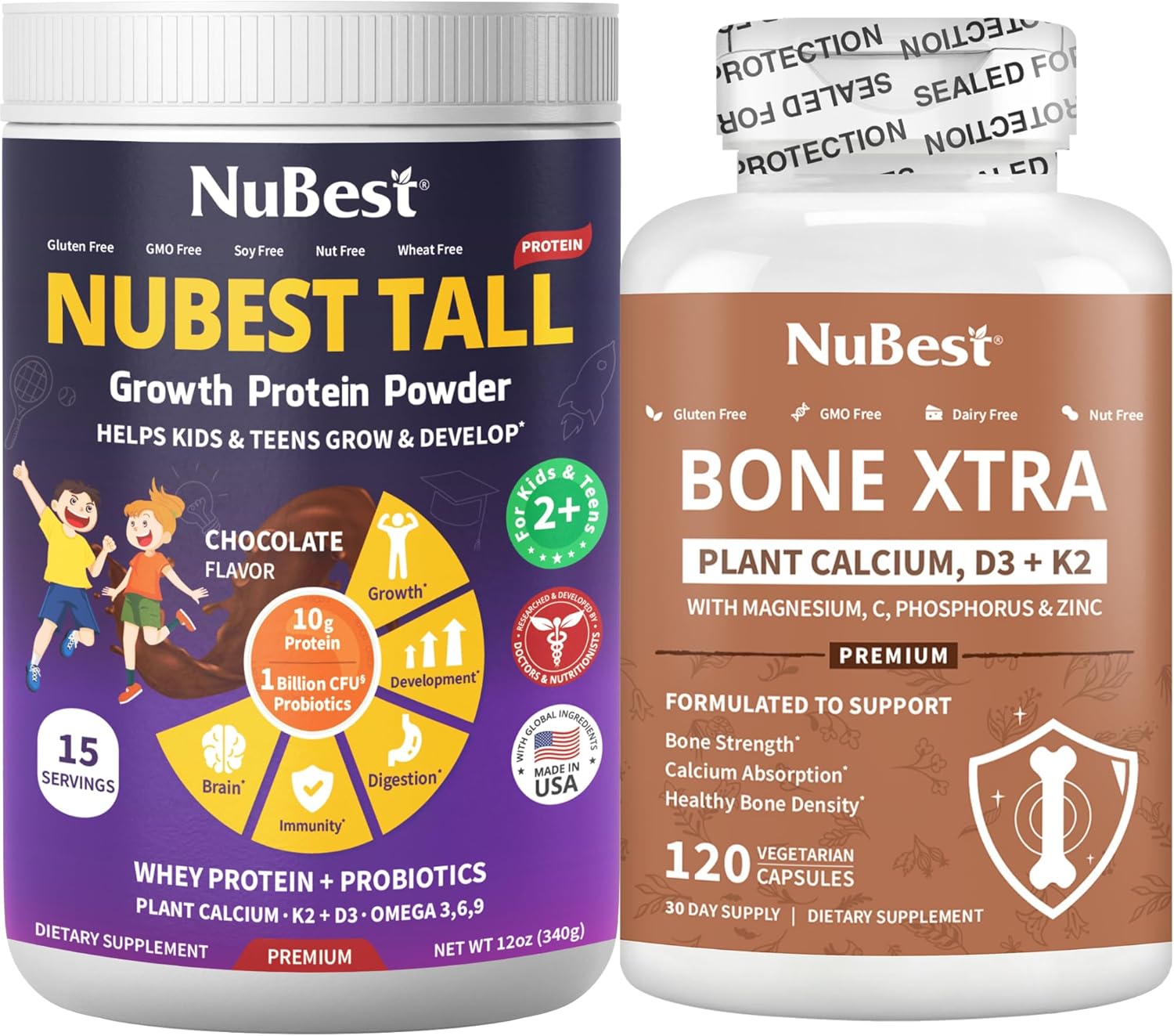 Bundle: NuBest Tall Growth Protein Powder & Bone Xtra Capsules - Chocolate Flavor for Teen Height Growth, Bone Strength, Brain Boost - Vegan, Probiotics, Calcium, Multivitamin