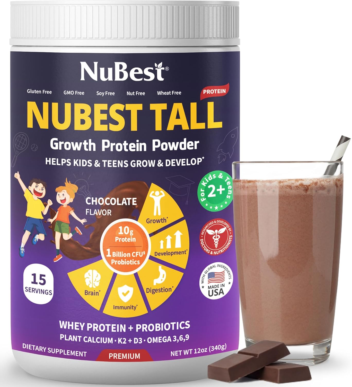 Bundle: NuBest Tall Growth Protein Powder & Bone Xtra Capsules - Chocolate Flavor for Teen Height Growth, Bone Strength, Brain Boost - Vegan, Probiotics, Calcium, Multivitamin