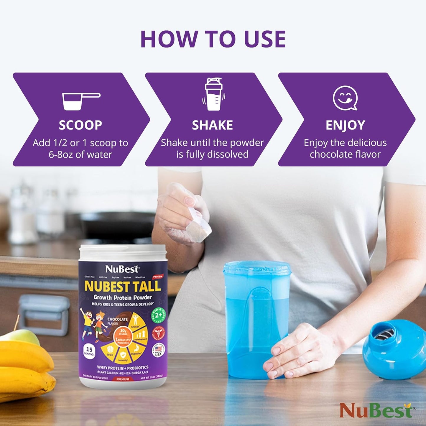Bundle: NuBest Tall Growth Protein Powder & Bone Xtra Capsules - Chocolate Flavor for Teen Height Growth, Bone Strength, Brain Boost - Vegan, Probiotics, Calcium, Multivitamin