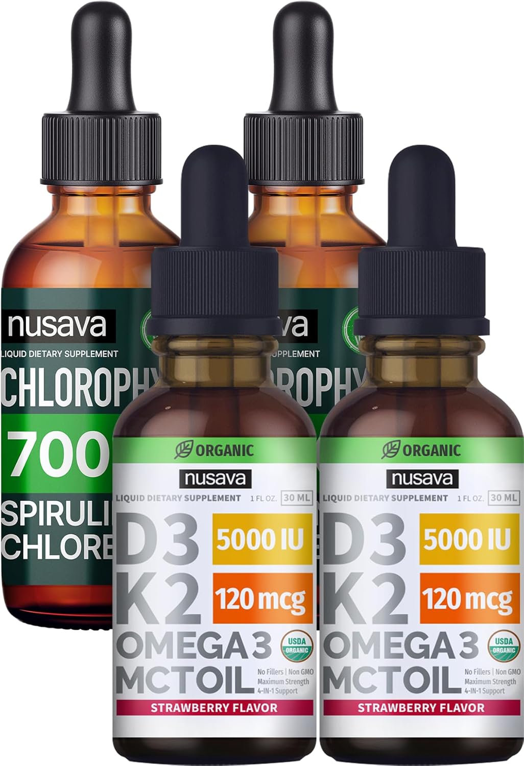 Bundle: NUSAVA Strawberry D3 K2 & Chlorophyll Liquid Drops - Heart, Joint, Energy, Immune Support - Non-GMO, Gluten-Free - 2pk