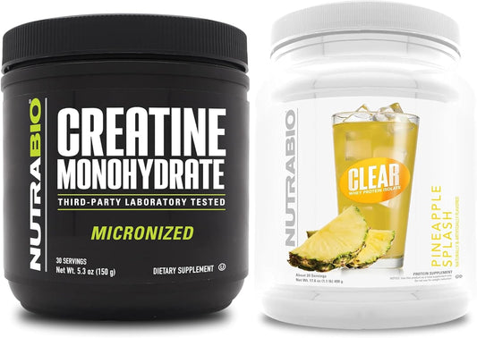 Bundle: NutraBio Creatine Monohydrate (150g) & Clear Whey Protein Isolate (Pineapple Splash) for Muscle Energy, Growth, Recovery, Strength - Unflavored, High Quality Supplements