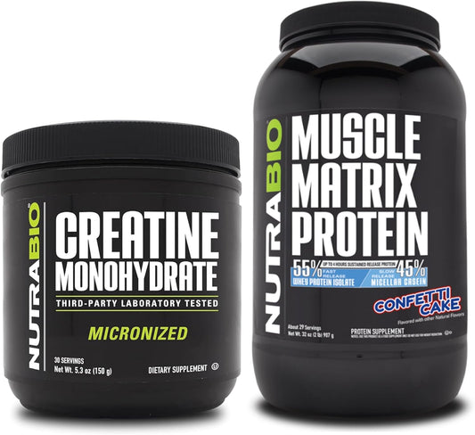 Bundle: NutraBio Creatine Monohydrate (Unflavored, 150g) & Muscle Matrix Protein Powder (Confetti Cake) - Enhance Muscle Energy, Growth, Recovery, Strength