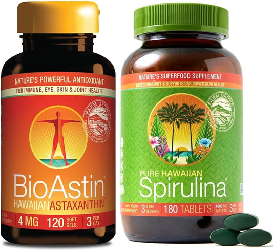 Bundle: Nutrex BioAstin Astaxanthin 4mg 120 Count + Pure Hawaiian Spirulina 1000 mg Tablets 180 Count