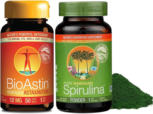 Bundle: Nutrex BioAstin Hawaiian Astaxanthin 12mg 50 Count + Pure Hawaiian Spirulina Powder 5oz - Ultimate Antioxidant Combo