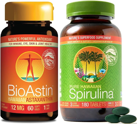 Bundle: Nutrex BioAstin Hawaiian Astaxanthin 12mg & Pure Hawaiian Spirulina 1000mg Tablets - 60 Count + 180 Count