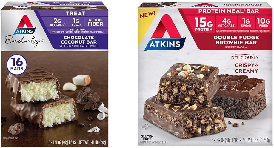 Bundle of 16 Atkins Chocolate Coconut Bars and 5 Double Fudge Brownie Protein Meal Bars