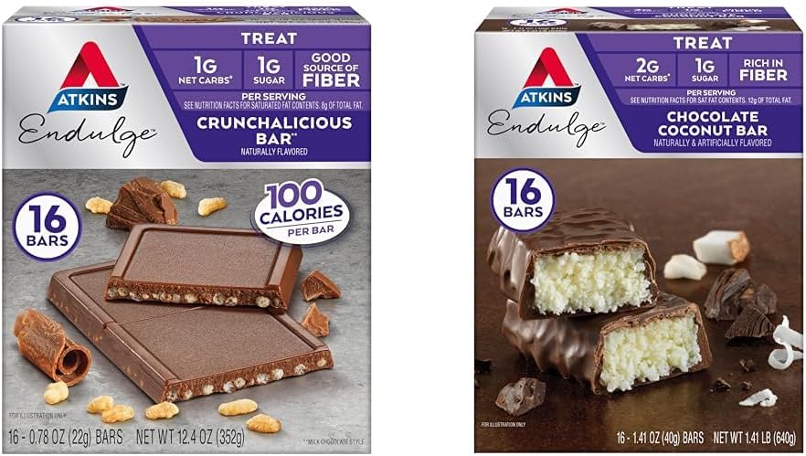 Bundle of 16 Atkins Endulge Crunchalicious Chocolate Bars & 16 Chocolate Coconut Bars
