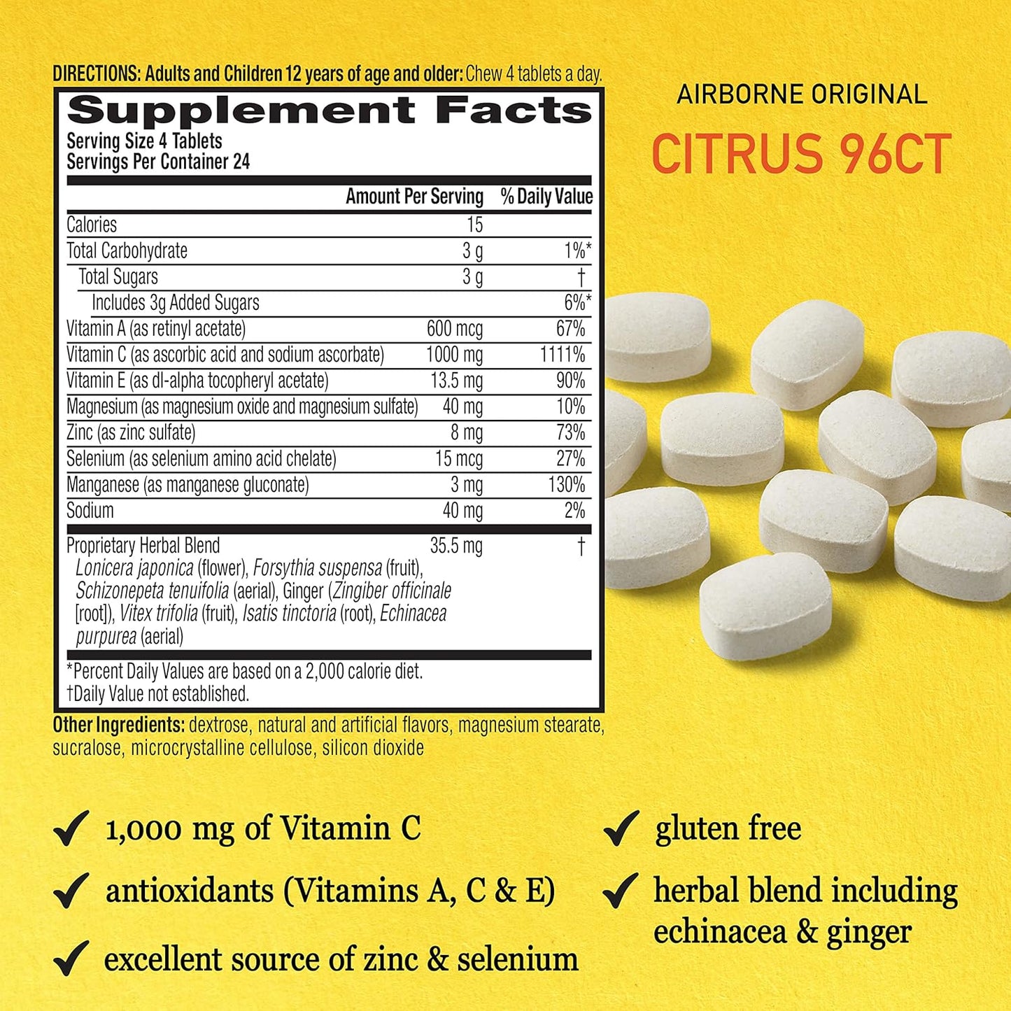Bundle of 192 Airborne 1000mg Vitamin C Chewable Tablets in Citrus & Very Berry Flavor - Immune Support with Zinc and Antioxidant Vitamins A, C, & E
