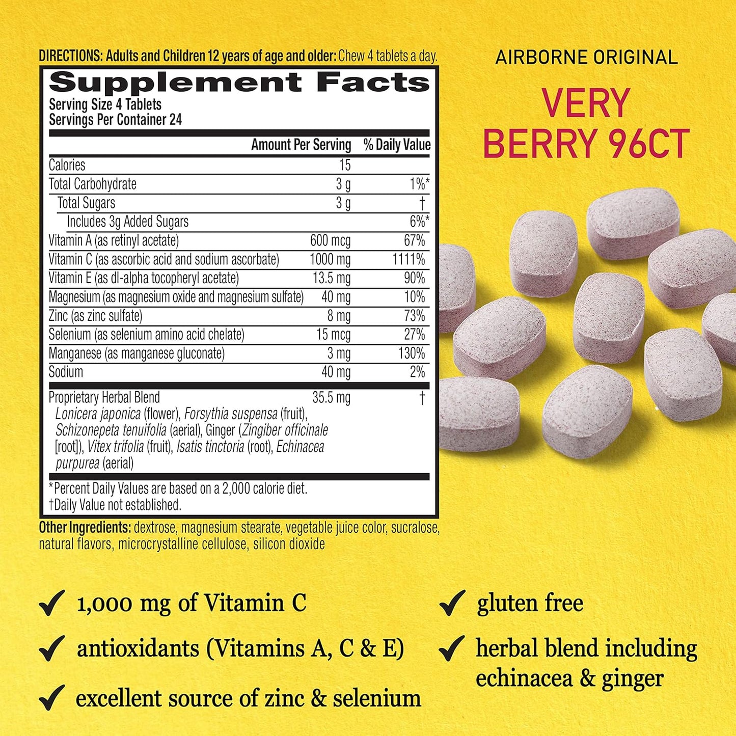 Bundle of 192 Airborne 1000mg Vitamin C Chewable Tablets in Citrus & Very Berry Flavor - Immune Support with Zinc and Antioxidant Vitamins A, C, & E