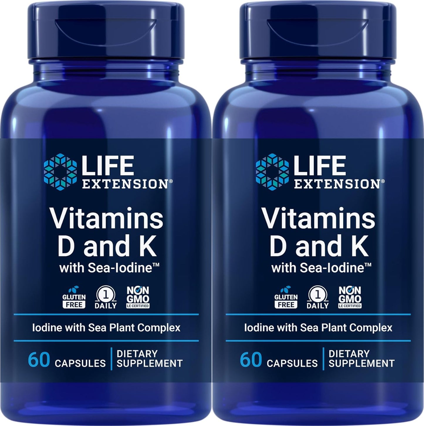 Bundle of 2 Life Extension Vitamin D and K Capsules with Sea-Iodine - 60 Capsules Each
