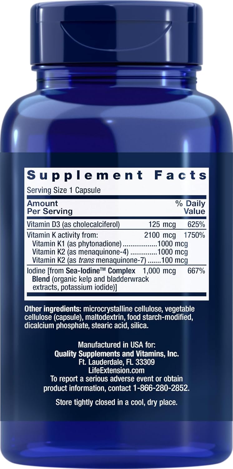 Bundle of 2 Life Extension Vitamin D and K Capsules with Sea-Iodine - 60 Capsules Each