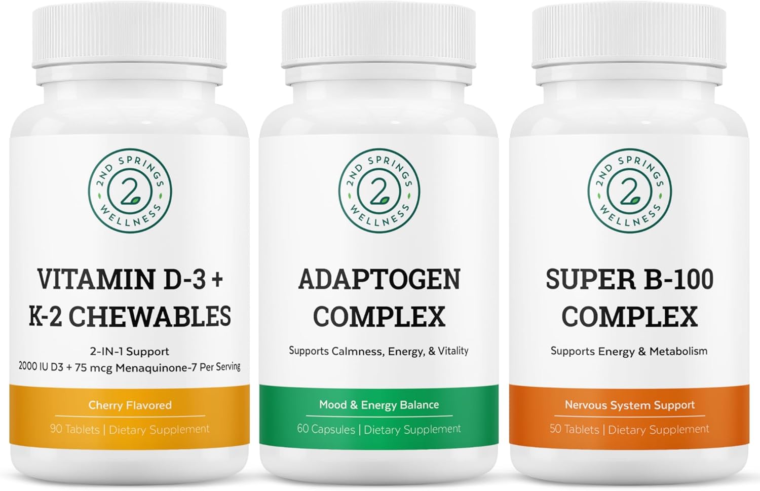 Bundle of 2nd Springs Adaptogen Complex, Vitamin D3+K2 Chewables & Super B-100 Complex