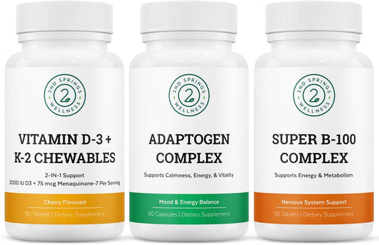 Bundle of 2nd Springs Adaptogen Complex, Vitamin D3+K2 Chewables & Super B-100 Complex