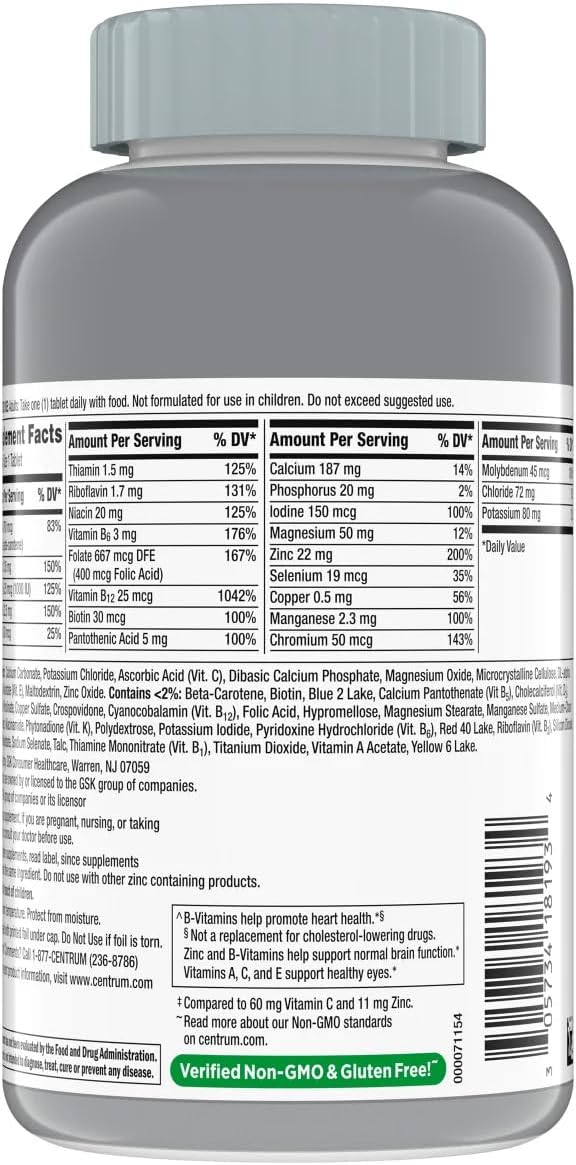 Bundle of 325 Tablets Generic Centrums Silver Adults 50+ Multivitamin - Adult Multi & Letter Vitamins, Herbals, Dietary Supplements for Body Health