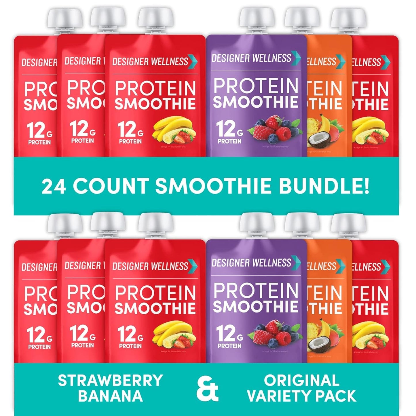 Bundle of Designer Wellness Protein Smoothies in a Variety Pack with Strawberry Banana Flavor