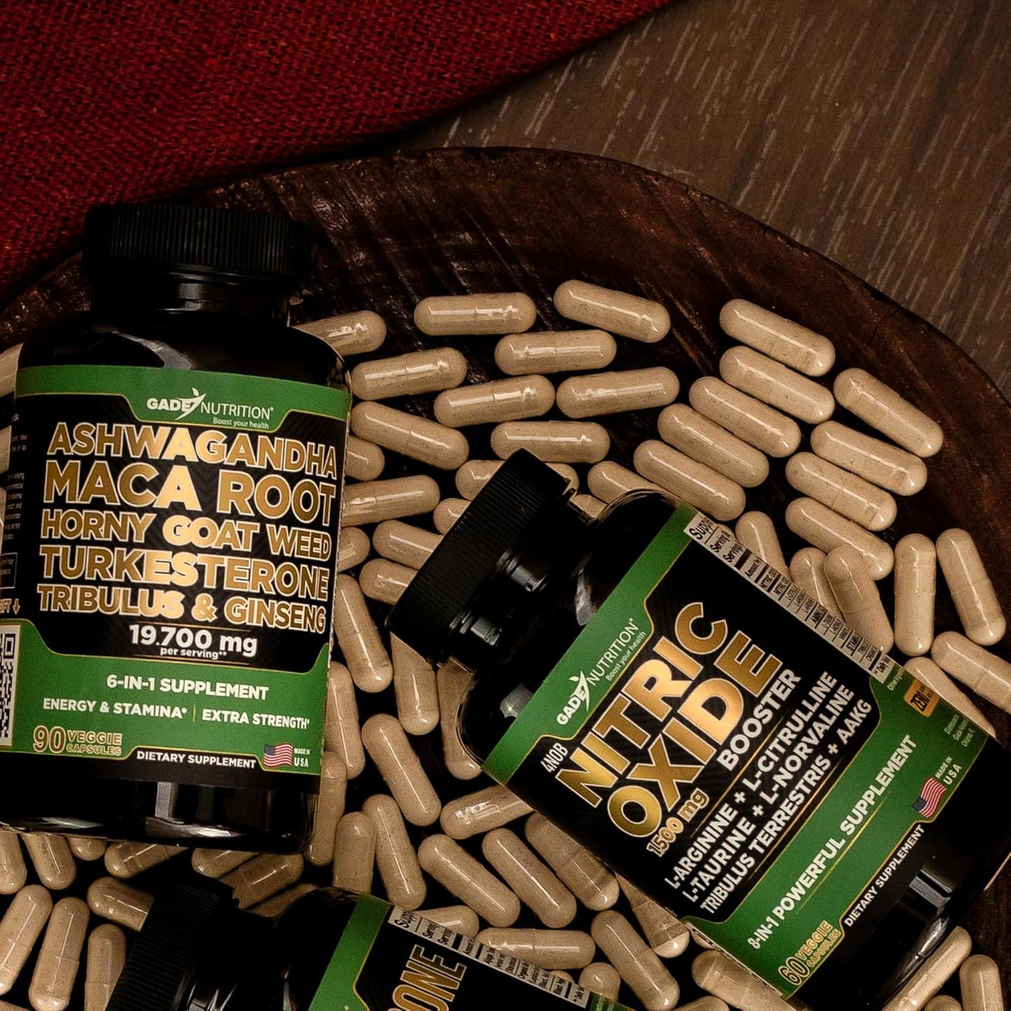 Bundle of Gade Nutrition Ashwagandha with Maca Root, Horny Goat Weed, Turkesterone, Tribulus Terrestris, Oanax Ginseng + Nitric Oxide Booster for Energy, Vitality, Performance, and Pump Support