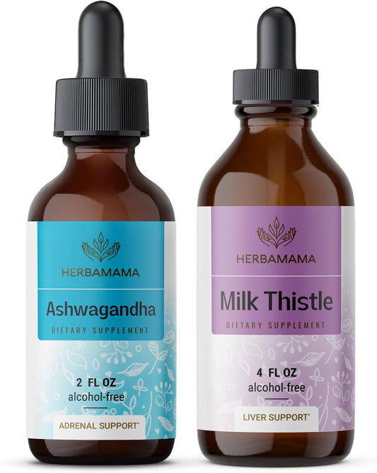 Bundle of Herbal Liquid Drops: Ashwagandha Root Tincture & Milk Thistle Extract - Vegan, Non-GMO, Sugar & Alcohol-Free - 2 Pack