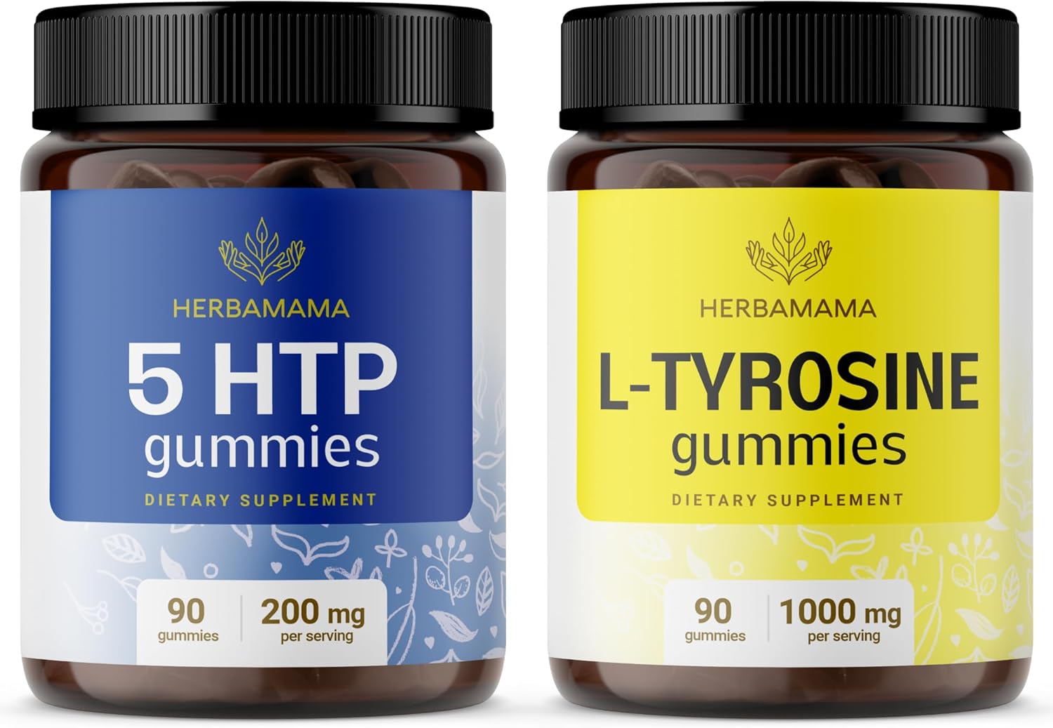Bundle of HERBAMAMA L-Tyrosine and Brain Support Gummies - 200mg 5-HTP & 1000mg L-Tyrosine - Vegan, Non-GMO - 2 Pack