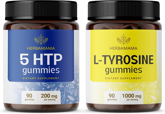Bundle of HERBAMAMA L-Tyrosine and Brain Support Gummies - 200mg 5-HTP & 1000mg L-Tyrosine - Vegan, Non-GMO - 2 Pack