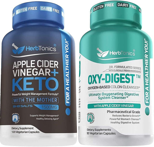 Bundle of Herbtonics Apple Cider Vinegar Plus Keto BhB Salts with OxyDigest for Digestive Health