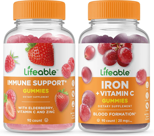 Bundle of Lifeable Immune Support + Iron Gummies with Vitamin C - Delicious Vitamin Supplement for Immune Health, Gluten Free & GMO Free