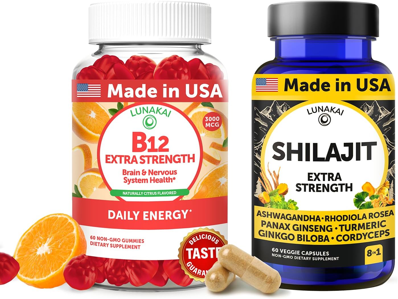 Bundle of Lunakai USA Made Extra Strength B12 Gummies & Shilajit Capsules for Daily Energy & Wellness Support
